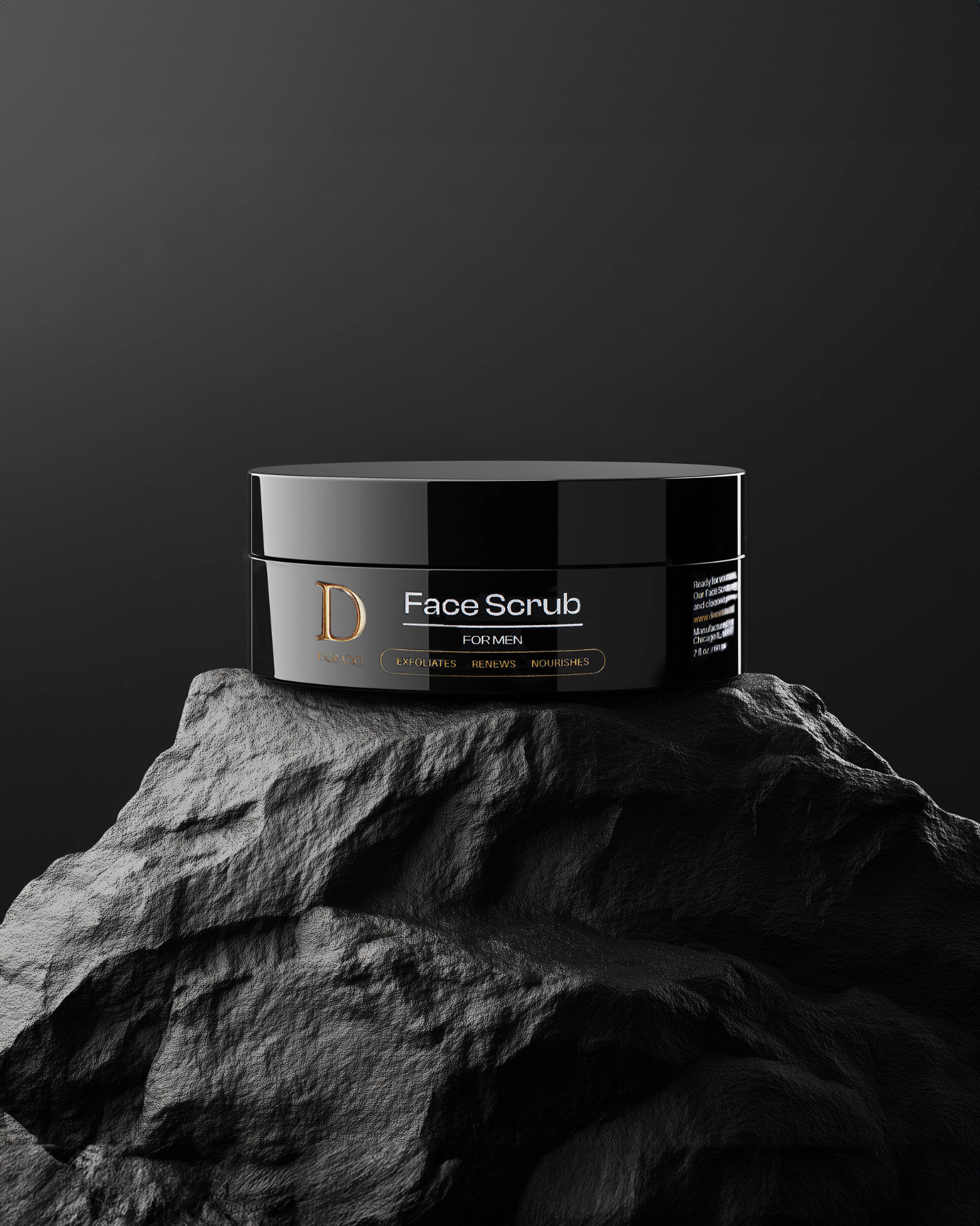 Black skincare jar on a stone pedestal