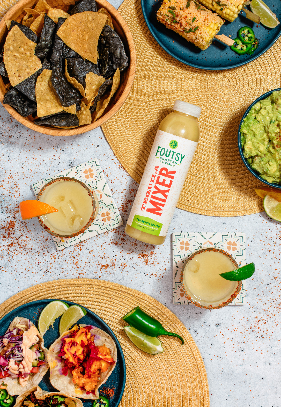 Foutsy mixer bottle styled in a food flat lay scene