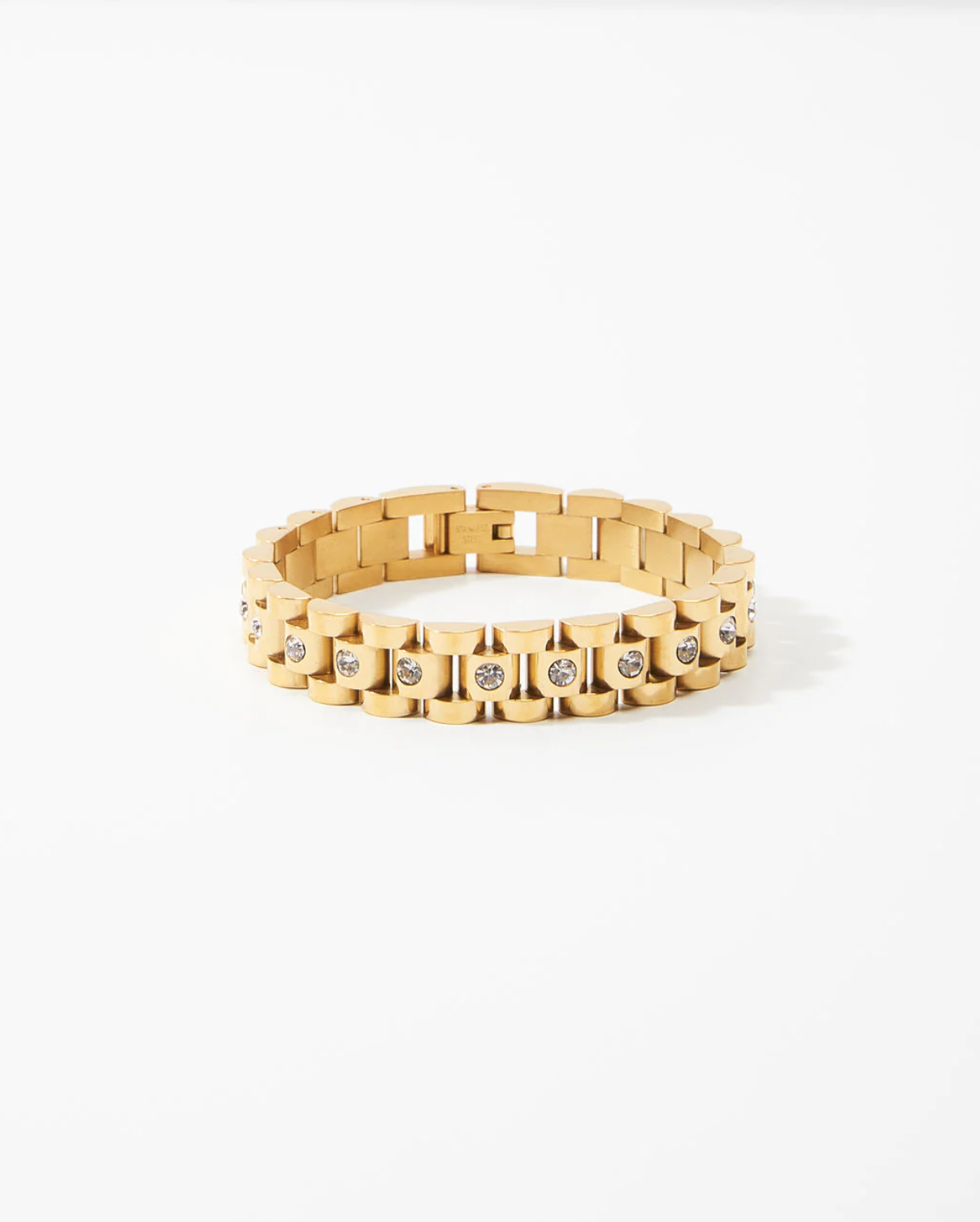 Gold bracelet flat lay product photo on white background