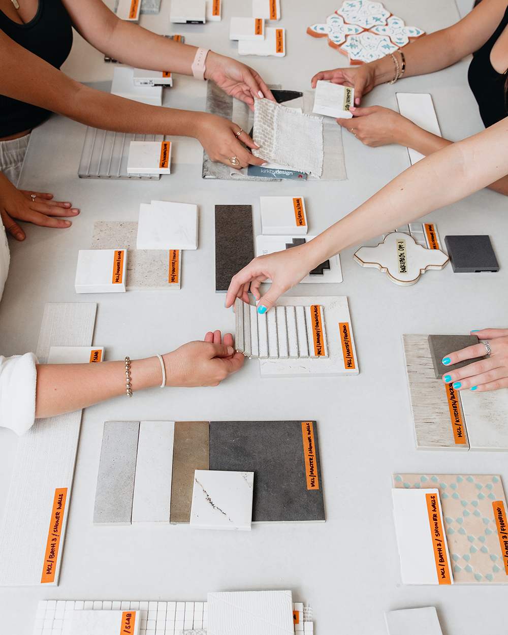 Interior design material samples on a tabletop