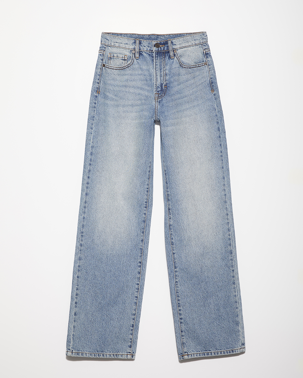 Light wash wide-leg denim jeans flat lay on white background