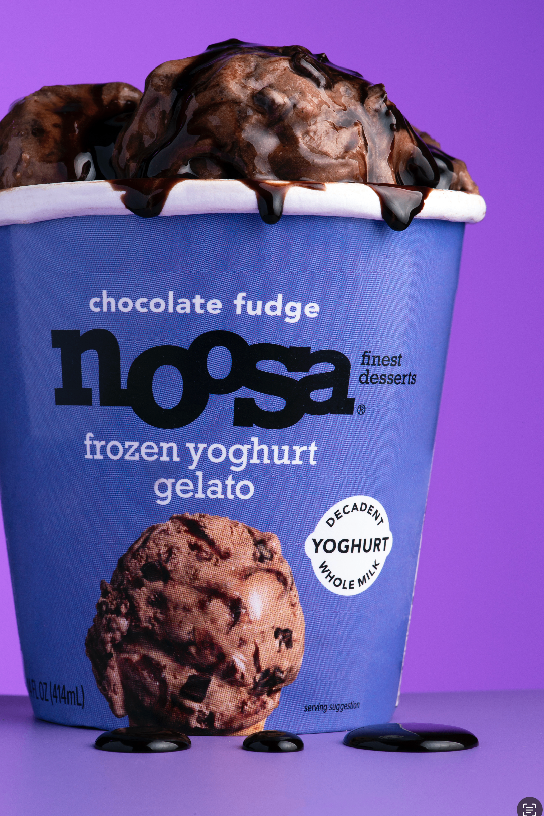 Noosa chocolate fudge frozen yoghurt gelato product shot