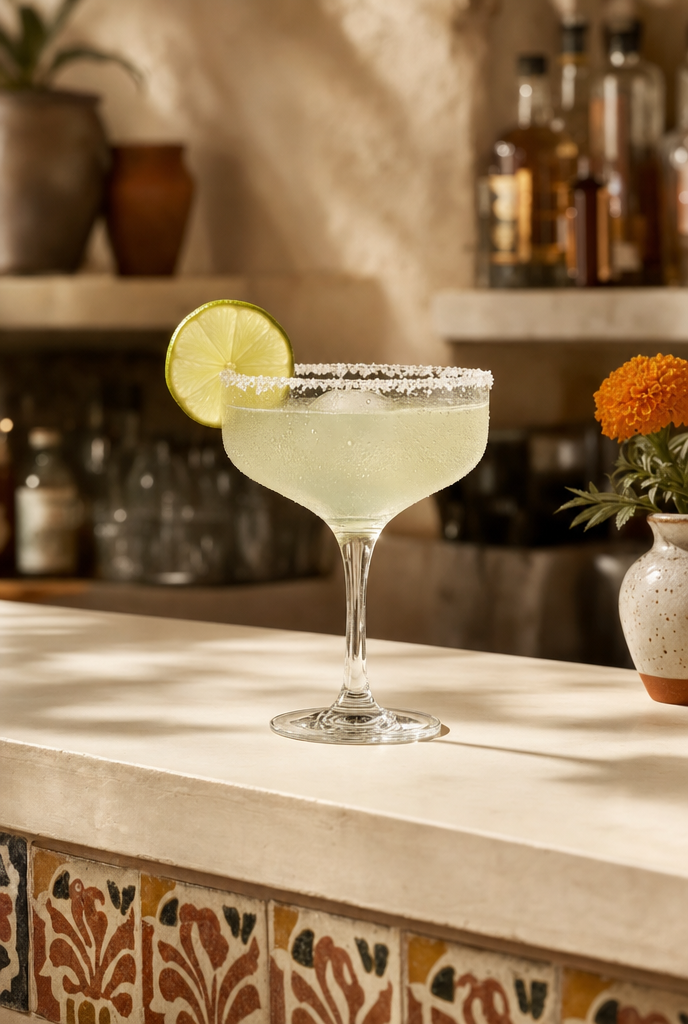 Cocktail on a bar with tiled detail