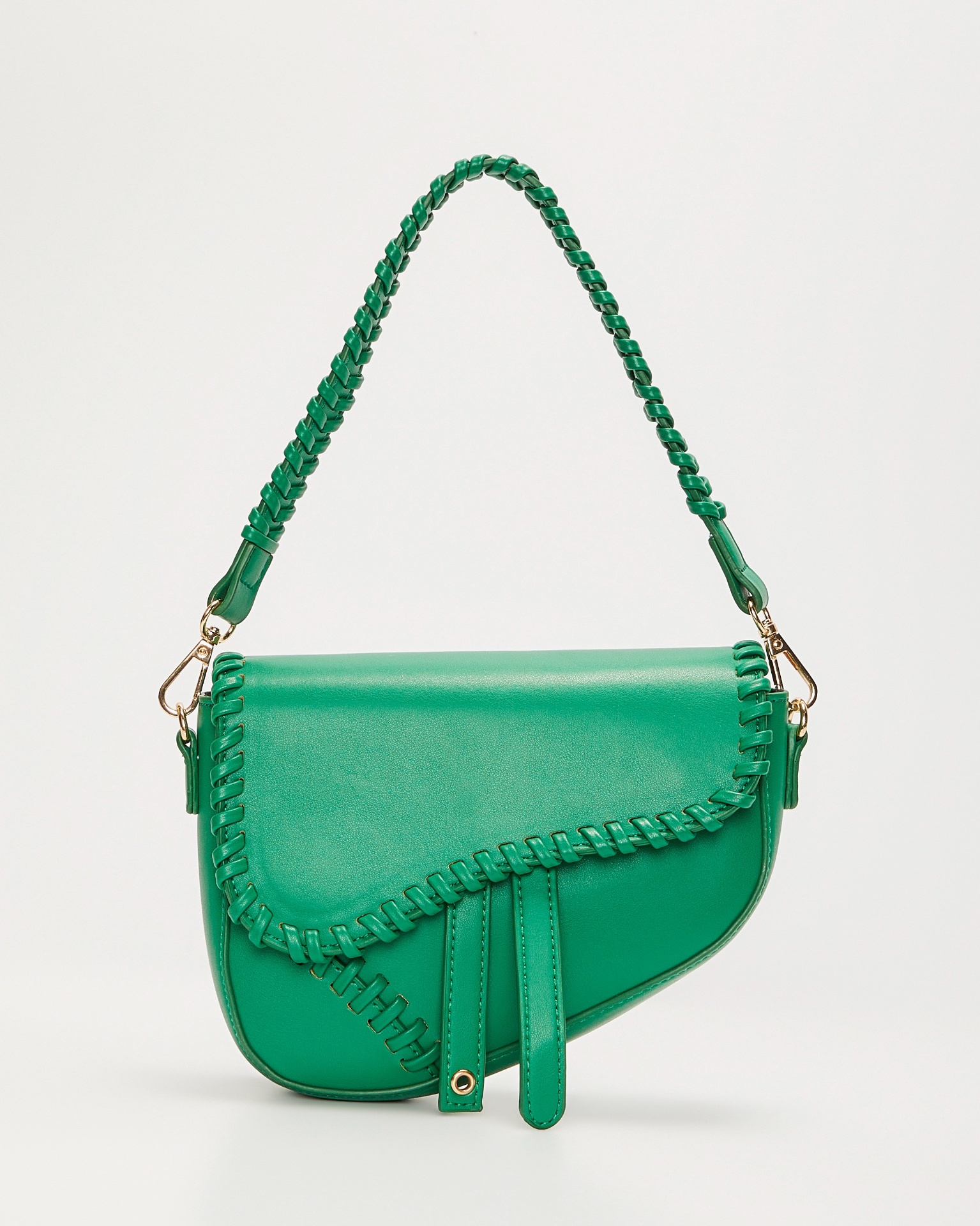 Green handbag flat lay product photo on white background